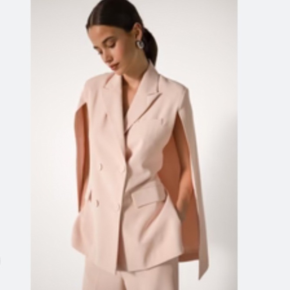 In The Style Cape Blazer Women 6 Camel Double Breasted Belted Split Jacket Dress